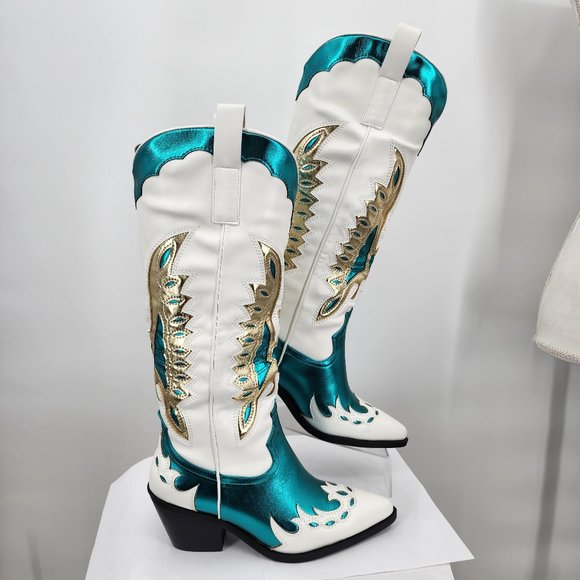 AZALEA WANG Apolline White Tall Cowboy Boots Turquoise & Gold Accents 6-10 NIB - Picture 4 of 12